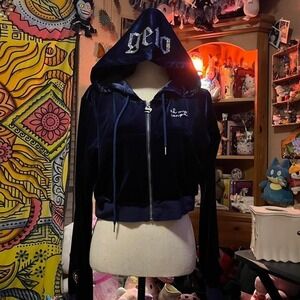 Dark blue oh my senpai full zip cropped velour hoodie xl